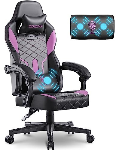 Dowinx Chaise de gaming Racing - Avec coussin de printemps - Ergonomique - Avec support lombaire - En cuir synthétique - Dossier élargi - 150 kg - Noir et violet