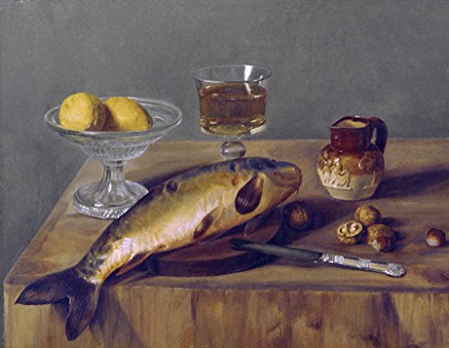 Reproduction / Poster: Otto Franz Scholderer Nature morte aux citrons sur une coupe en verre Poisson Noix Verre à vin et pichet à vin - Affiche, Reproduction artistique de haute qualité, 70x55 cm