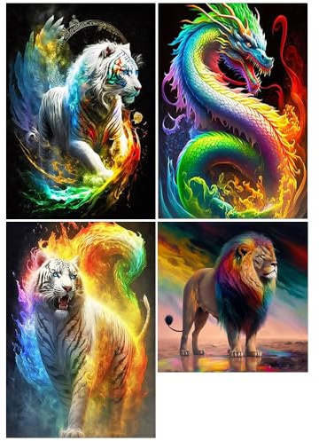 DCIDBEI DIY 5D Diamond Painting 4er Set 30x40 cm - Bilder Tiger Regenbogen, Löwe Malen Nach Zahlen, Dragon Regenbogen Stickbilder Kreuzstich Tiere