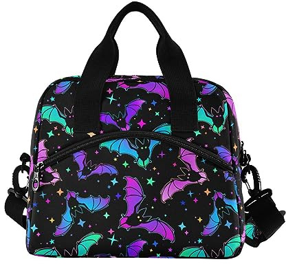 ALAZA Bolsas de almuerzo para mujeres, adultos, niñas, niños, murciélagos luminosos de Halloween, lonchera aislada con correas de hombro y asa, bolsa de almuerzo cruzada para la escuela y la oficina