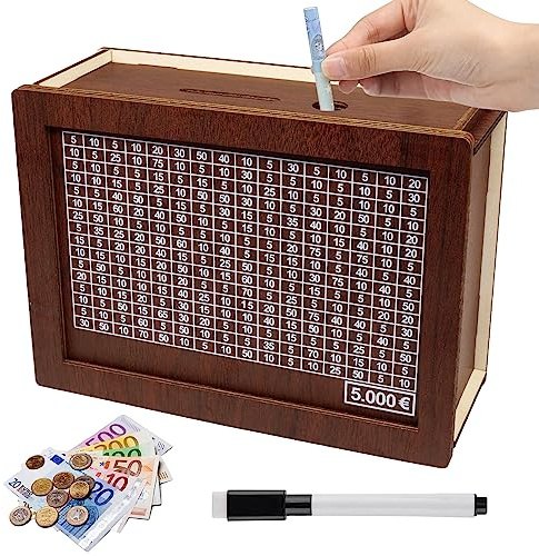 Spardose Holz, Holz Geldbank, 5000€ Sparbox mit Zähler zum Ankreuzen, Spardose mit Sparziel und Zahlen, Spardose, Sparschwein Wiederverwendbare mit Stift für Erwachsene