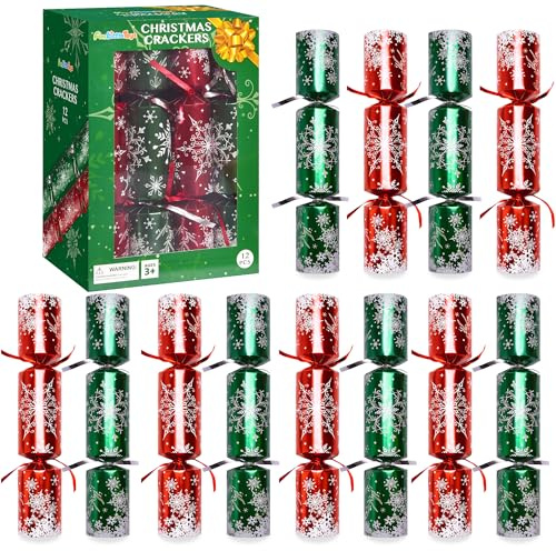 Christmas Crackers, 12 Pack Valentines No Snap Party Favors with Party Hat, Joke & Little Gift Inside for Christmas Thanksgiving Seasonal Holiday Dinner Traditions (Red and Green)