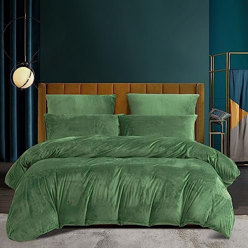 Luofanfei Winter Plüsch Kuschelig Bettwäsche 155x220 Grün Salbeigrün Samt Thermo Fleece Flausch Microfleece Nicky Wende Bettwäsche Set Warm Weich Teddy Plüsch Bettbezug Wintermotiv mit Reißverschluss