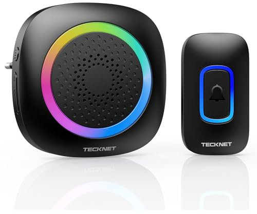 TECKNET Campanello Senza Fili da Esterno Impermeabile IP66, Campanello Wireless con Indicatori RGB, Portata 400M, 5 Livelli Volume 60 Suonerie, per Casa, Hotel, Ufficio, Emergenza ecc