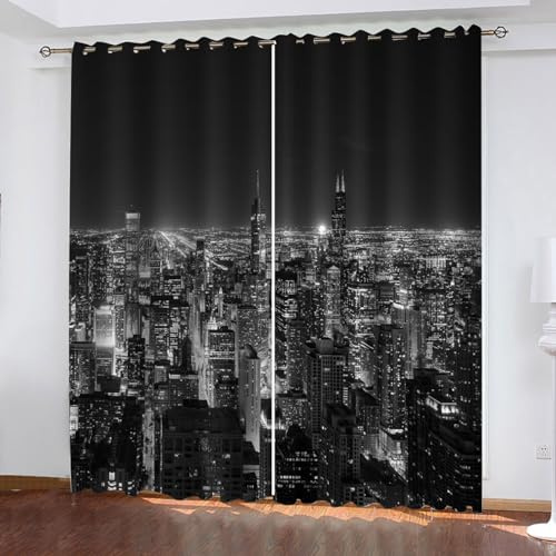 GELOUT Vorhiange Blickdicht Mit Motiv Fuir Das Schlafzimmer Der Blick Auf Die Stadt 140cm lang 110cm Breite 3D Gedruckt Gardinen Mit Osen 3D Muster Wohnzimmer Schlafzimmer