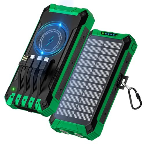 Power Bank 26800 mAh, Power Bank Solar Inalámbrico con 4 Cables 15W USB-C Carga Rápida 6 Salidas 3 Entradas para iPhone Samsung, Batería Externa Portátil Exterior con Linternas, Mosquetón