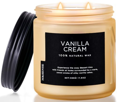M&SENSE Vanille Sahne Duftkerzen im Glas große mit 2 Dochte, 330g 70 Stunden Brenndauer, natürliche Sojawachs, Aromatherapie Duftkerze, Geschenk Kerze und Heimdekoration für Frauen und Männer