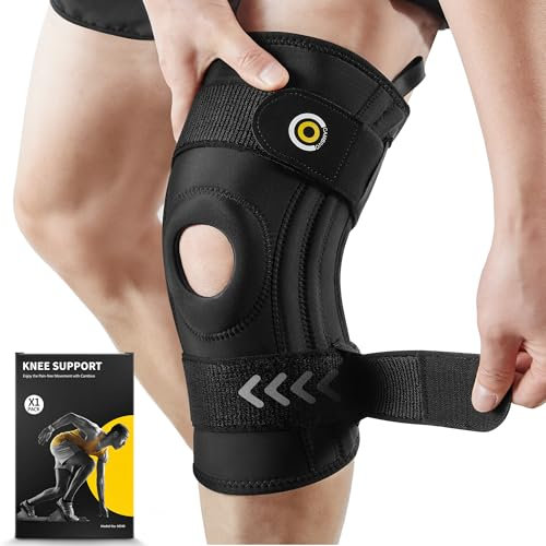 CAMBIVO 1 Stück Kniebandage mit Verstellbarer Klettverband, Kniestütze mit Seitenstabilisatoren & & Patella Gel Pads für Meniskus Riss Knieschmerzen, Verstellbare Orthopädische Patella Knieschoner