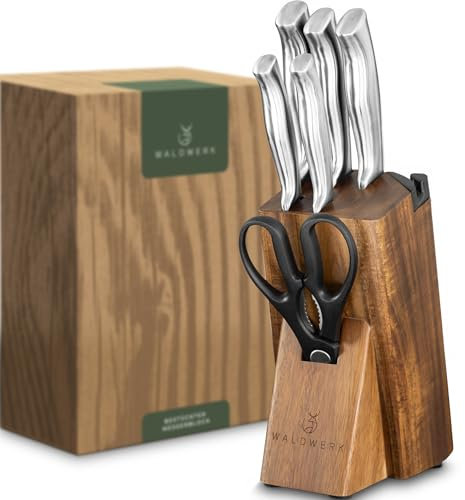 WALDWERK Knife Set - 7pcs Kitchen Knife Set with Block and Integrated Sharpener - Knife Block Set - Knife Block