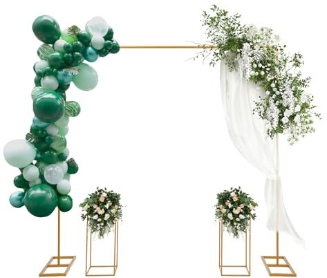 Metall Hochzeitsbogen Hintergrund Ständer, 2*2m Ballon Bogen Gestell und 2 Stück Rechteckige Hochzeitsvase Säule Blumenständer Hochzeit Rahmen Set für Geburtstagsparty Verlobung Deko (Gold, 24*24*60)