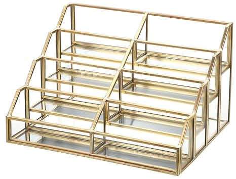 Hipiwe Mirrored Glass Business Card Holder Gold Business Card Display Stand for Desk Multiple Clear Business Card Holder Display for Office Desktop Cards Display Stand for Women Men, 8 Slots