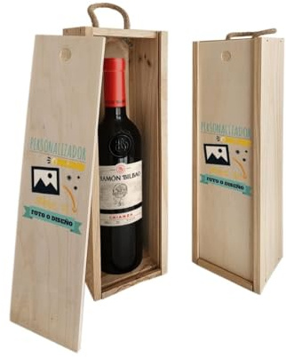 Set de Vino Personalizado con Foto y Texto | Regalo Original Personalizado | Caja de madera con Tapa y Asa | Con o sin Botella de Vino | Kit de Vino y Caja (Caja personalizada + Crianza Ramón Bilbao)