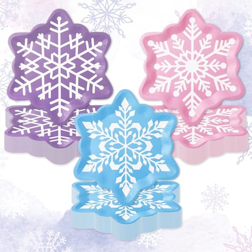 JarThenaAMCS 60Pcs Winter Snowflake Paper Plates Pink Blue Purple Snowflake Shape Plates Snow Disposable Plates for Christmas Xmas Holiday Party Tableware Supplies