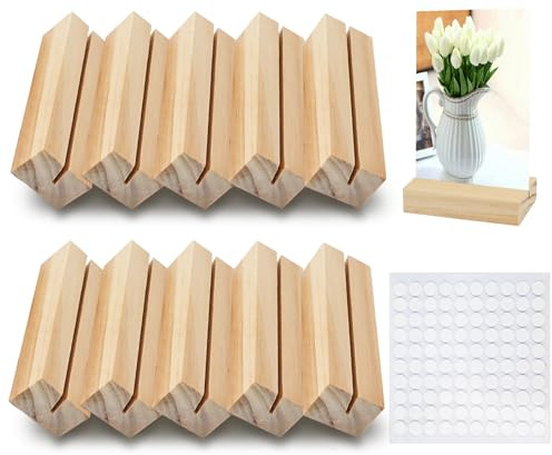 10Pcs Mini Menu Card Place Holders, 7 x 2.2cm Simple Wooden Place Card Holders, Wood Table Number Holders Photo Stands, Picture Name Postcard Displays with Double-Sided Adhesvie for Offices Decoration