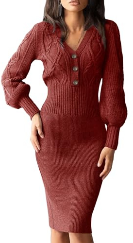 Cicy Bell, abito in maglia da donna, con scollo a V, lunghezza al ginocchio, con bottoni, a maniche lunghe, sexy, maglione, abito lungo, invernale, midi, rosso vivo, S