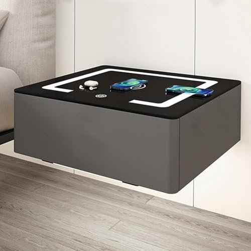 Schwebender Nachttisch mit Ladestation und LED-Leuchten, Nachttisch zur Wandmontage, automatische Sensorleuchte, gehärtete Glasplatte und Mikrofaser-Leder, dunkelgrau, 1 Stück, 48 x 18 x 40