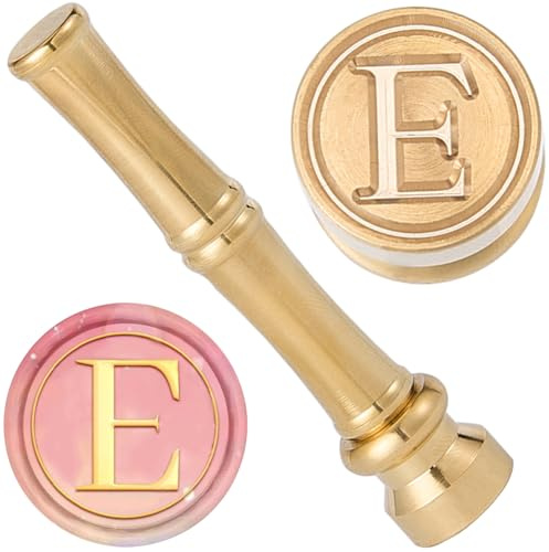 CRASPIRE E Siegelwachsstempel Buchstaben Siegelstempel 15mm Goldenes Metall Messing Retro Vintage Alphabet Initiale Mini Stempel Mit Bambusstab Griff Für Erntedankkarten Umschläge Hochzeitseinladungen