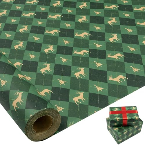 Große Geschenkpapierrolle: 76 cm x 15 m, recycelbares grünes Weihnachts-Kraftpapier mit Elch und Baum als Geschenkdekoration für Weihnachten, Geburtstage, Hochzeiten und Feste