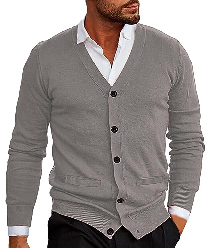 Chaqueta de punto para hombre con cuello de pico, jersey elástico, manga larga, jersey de punto fino con botones, elegante y ajustado, suéter ligero y cárdigan para hombre con bolsillos, suéter