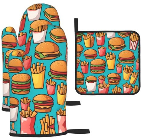Cartoon Burger Pommes 3 Stück Ofenhandschuhe Topflappen Sets - Hitzebeständig - Perfekt für Küche Kochen, Backen, BBQ - Verbrühungssicher