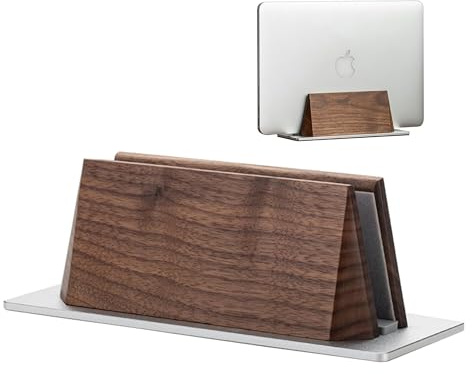 muso wood Vertikaler Laptop Ständer Aluminium und Walnussholz Laptop Ständer Vertikal Platzsparender Verstellbarer Vertical Laptop Stand Halter für MacBook Pro/Air, iPad, Samsung, Tablets, Notebooks
