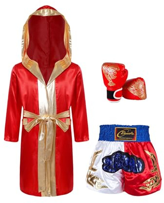 ranrann Ensemble Boxe Enfant Garçon Peignoir Short Gants de Boxe Muay Thai Shorts Arts Martiaux Boxer Kickboxing Entraînement Bourgogne et Bleu 5-6 Ans