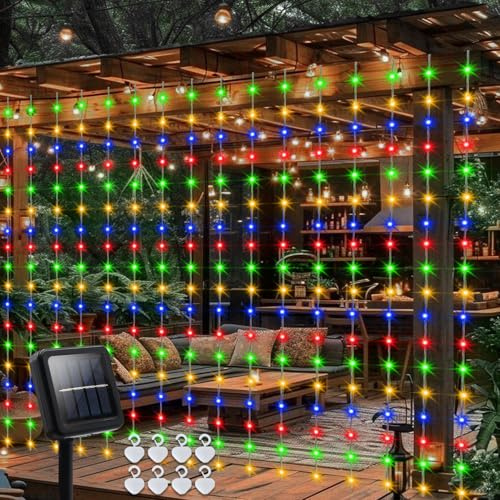 Solar Curtain Lights 2.4M x 1.8M 144 LED Curtain Lights with Timer 8 Modes | Solar Curtain String Lights Outdoor Waterproof for Garden Patio Fence Gazebo Decor (Multicolour)