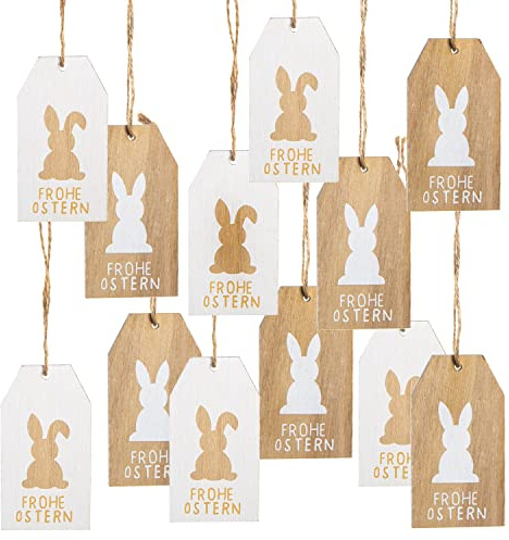 Logbuch-Verlag 12 Frohe Ostern Geschenkanhänger Osterhase Holz Osteranhänger für Geschenke weiß braun 10 x 5,5 cm