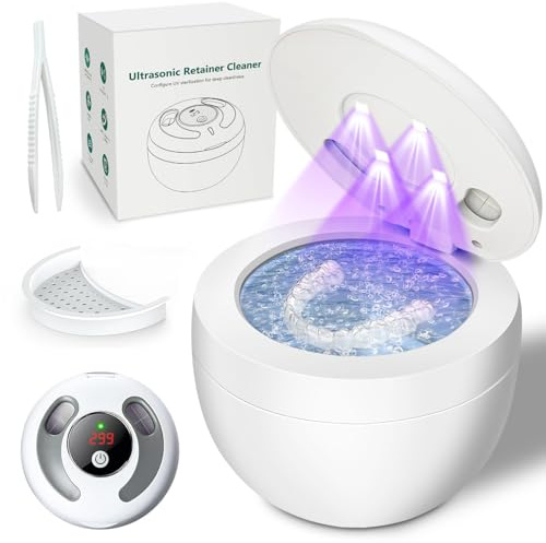 Appareil de nettoyage à ultrasons 45 000 Hz avec nettoyeur de prothèses dentaires UV, 4 modes, minuterie numérique, pod de nettoyage à ultrasons portable de 200 ml pour gouttières de nuit, aligneurs