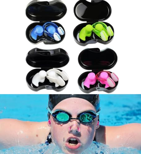 Plstod Lot de 4 bouchons d'oreilles étanches en silicone avec pince-nez pour natation avec boîtes, pour adultes et enfants, 4 couleurs