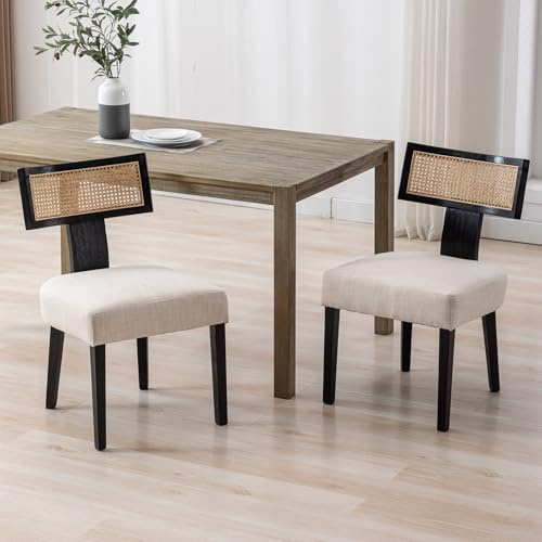 Ya-Home Esszimmerstühle Rattan 2er Set, Holzstühle Esszimmer, Schwarz | Gepolsterte Küchenstühle mit Rattan Rückenlehne, Sitzfläche aus Leinen, Essstühle Holz Akzentstühle für Esszimmer Wohnzimmer