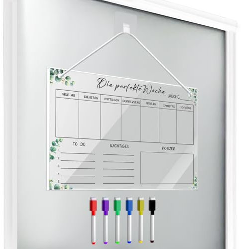XINFAQAQ Wochenplaner Abwischbar Wiederverwendbarer Wochenplaner aus Acrylglas für Haushaltsplan Büro Schule Küche 30 x 20cm mit 6 Whiteboard-Stift & Aufhängeseile zum Aufhängen(KIT 3)