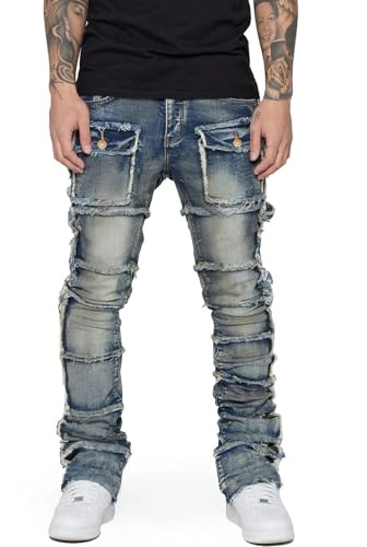 Kdtoll Jeans Uomo Slim Fit - Pantaloni in Denim Elasticizzato Stile Y2K Streetwear, Design Patchwork Hip-Hop con Tasche Multiple, Gamba Dritta Jeans Skinny per Moda e Tempo Libero