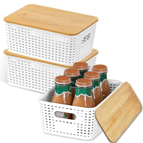 Piashow Caja de almacenamiento con tapa de bambú, cesta de plástico, 3 unidades de 5 litros, cajas apilables para estantes, armarios y hogar (color blanco)