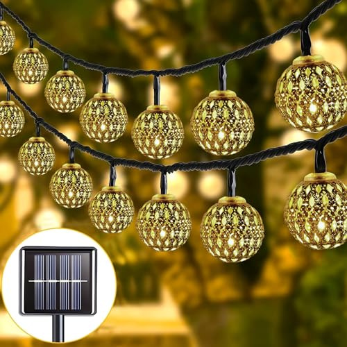 Led lichterkette Marokkanische 12m, 100 LEDs mit 8 Modi, IP65 Wasserdichte Solar Gartenbeleuchtung für Balkon, Terrasse, Hochzeit & Party Dekoration, Solarbetriebene Gartenlampen für Außenbereich