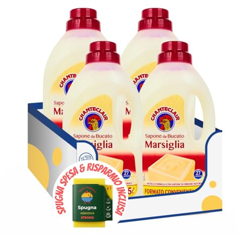 Sapone liquido da bucato profumato al marsiglia – 27 lavaggi – 1,5 L kit con Spugna Brandizzata SPESA & RISPARMIO Inclusa – Variazioni 4/8/12 Pezzi (4)