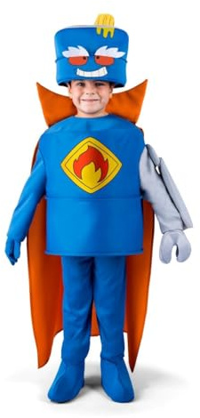 My Other Me - Disfraz para niño de Mr King con gorro, traje, pantalón, cubrebotas, capa, guante, manopla y brazo robot en azul talla 4-5 años. Vive una aventura mágica entre llamas y risas
