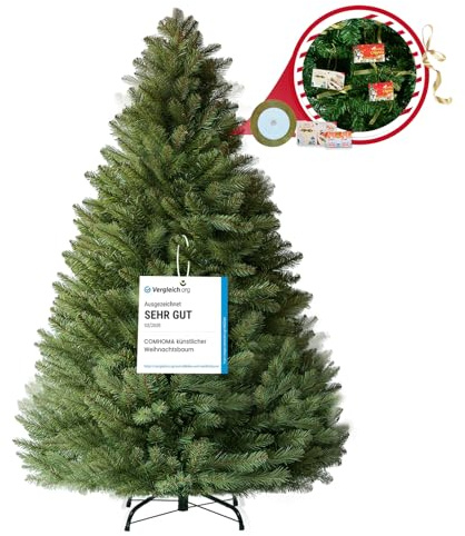 EXRACING Sapin de Noël Artificiel Premium 195 cm Environ 1000+ Pointes pour Décoration avec Support Stable, nœud décoratif et Carte de vœux, Jaune Vert