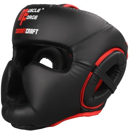 MuscleForge Casque de Boxe Taille L – Protection intégrale pour entraînement et Sparring, MMA, Muay Thai & Kick Boxing – Mousse EVA 4 Couches, Cuir PU Premium, Vision 180°, Sangle réglable, Respirant