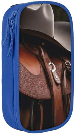 AABSTBFM Pferdesattel mit Cowboyhut, wildes bedrucktes Federmäppchen, großes Fassungsvermögen, Stifteetui mit Reißverschluss, für Schule, Büro, Reisen, Schwarz, blau, Einheitsgröße, Schulranzen