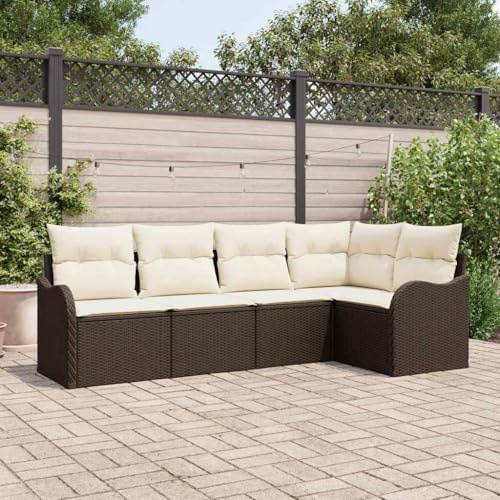 Yunovire Gartensofa-Set mit Stauraum 5-teilig Braun Poly-Rattan, modulares Outdoor Loungeset für Terrasse, Balkon, UV-beständig