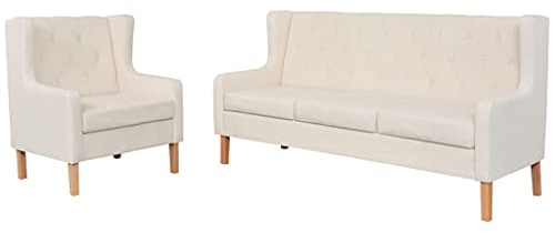 Yunovire 2-TLG. Sofa-Set, Cremeweiß, Stoffbezug, Massivholzrahmen, bequem, für Wohnzimmer, Schlafzimmer, 1 Sessel & 1 Dreisitzer-Sofa, Moderne Lounge-Möbel für Erwachsene