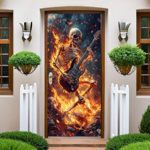 Rotes Feuer Türaufkleber Türklebefolie Musik Totenkopf Musiker Vinyl Türfolie Küche 86x200 cm Wohnzimmer Schlafzimmer Toilette Entfernbar Aufkleber Wasserdichte Tapete