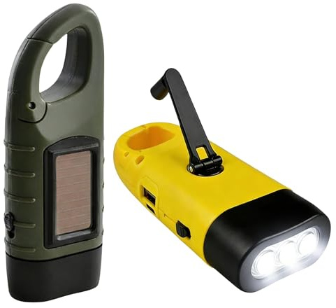 2 Pack Large Wind Up Torch Solar Hand Crank Flashlight with USB Power Bank Rechargeable Super Bright LED Dynamo Waterproof Emergency Gear with Carabiner for Camping Hiking Dog Walking (Yellow/Green)