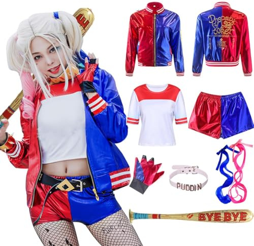 Amycute Costume Carnevale Donna, Set Vestito Carnevale Cosplay con Parrucca, Mazza da Baseball Gonfiabile, Colletti, Costumoi Cosplay Donna (S)