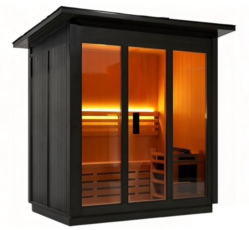 AMOCANE Outdoor Steam Sauna for 3 Person, Canadian Red Cedar Sauna Room with 6KW Harvia Heater, Traditional Backyard Sauna Spa with Asphalt Shingles, Luxurious Sauna Accessories for Home & Garden