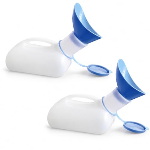 Unisex Urinal Bottle 1000ml with Adaptor and Snap Lid, Portable Reusable Urine Container with Measurement Scale for Men and Women, Bedside Home Care and Travel Use (Pack of 2)