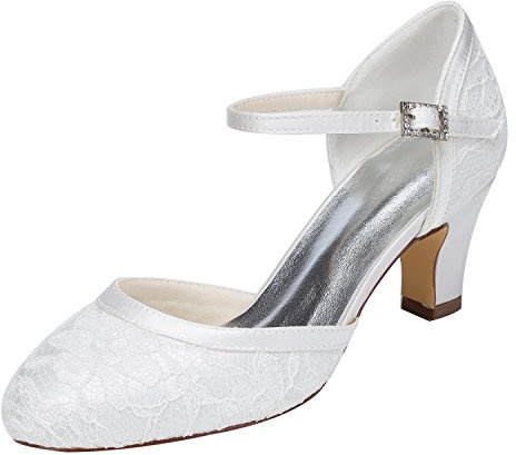 Emily Bridal Scarpe da Sposa Sandali in Pizzo con Tacco a Righe in Raso (EU39, White)