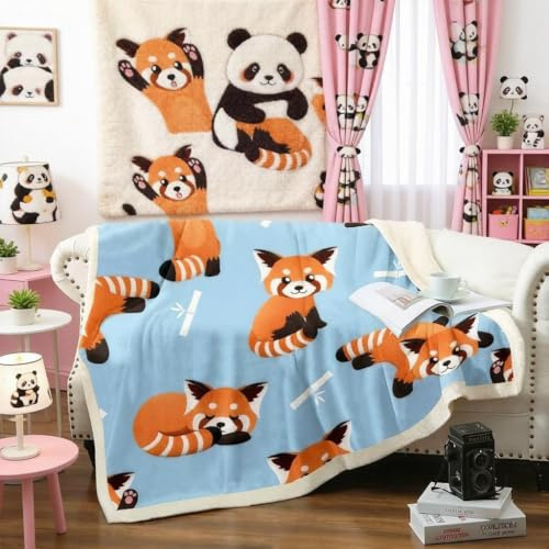 Rote Panda-Überwurfdecke, niedliches Tiermuster, Decke für Kinder, Jungen und Mädchen, Cartoon-Panda-bedruckte Fleecedecken, Wildtier-Stil, Plüschdecken, 152.4 x 200.3 cm, blau