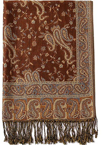 Becolored Bufanda de seda de pashmina con patrón de flores de cachemira, manta reversible cómoda con flecos, marrón, Large